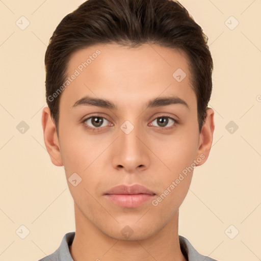 Neutral white young-adult male with short  brown hair and brown eyes