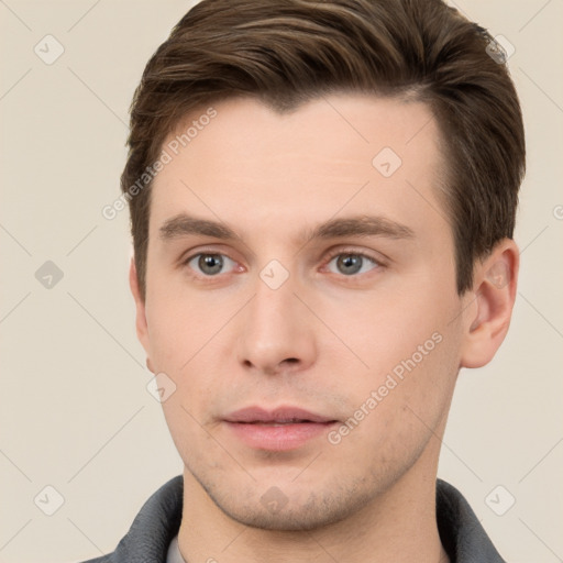 Neutral white young-adult male with short  brown hair and brown eyes