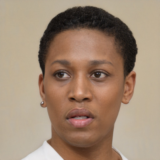 Neutral black young-adult female with short  black hair and brown eyes