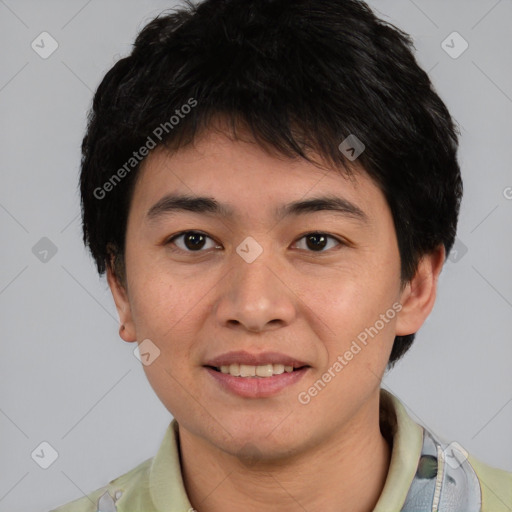 Joyful white young-adult male with short  black hair and brown eyes