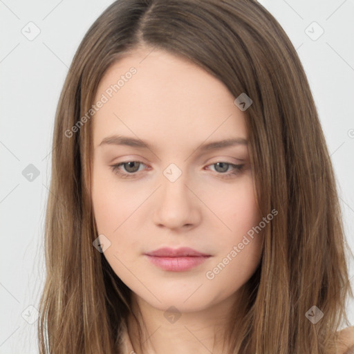 Neutral white young-adult female with long  brown hair and brown eyes