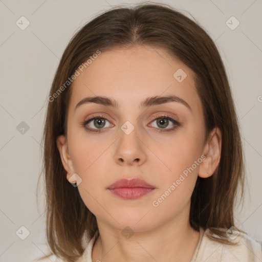 Neutral white young-adult female with medium  brown hair and brown eyes