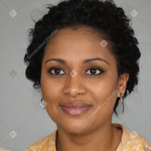 Joyful black young-adult female with long  brown hair and brown eyes