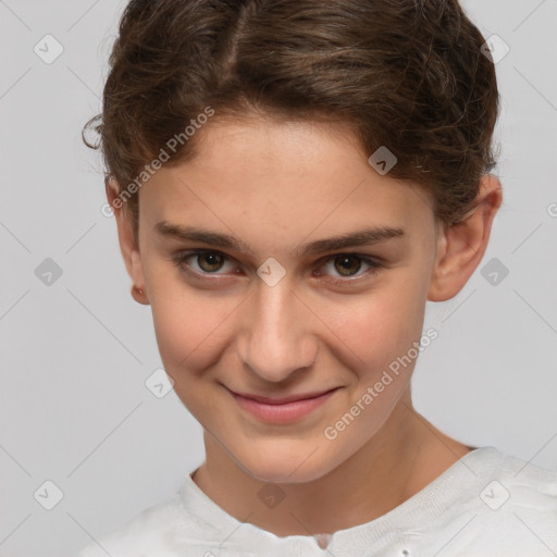 Joyful white child female with short  brown hair and brown eyes