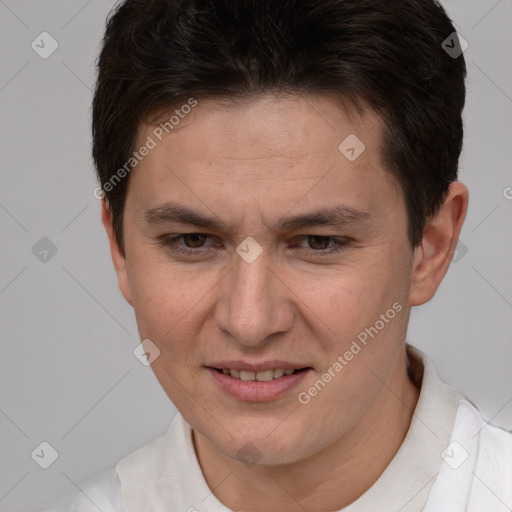 Joyful white young-adult female with short  brown hair and brown eyes