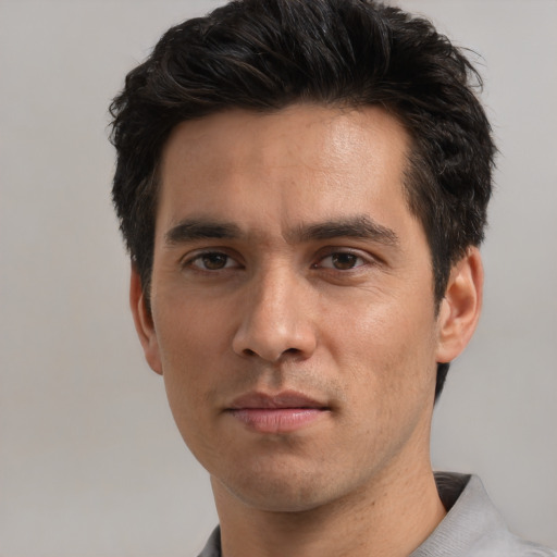 Neutral white adult male with short  black hair and brown eyes