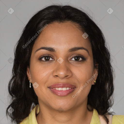 Joyful black young-adult female with medium  brown hair and brown eyes