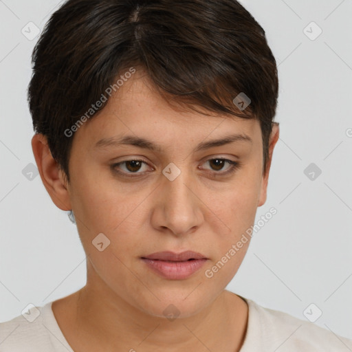 Joyful white young-adult female with short  brown hair and brown eyes