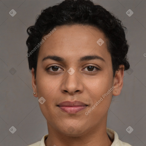 Joyful latino young-adult female with short  brown hair and brown eyes