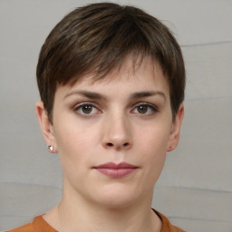 Neutral white young-adult female with short  brown hair and brown eyes