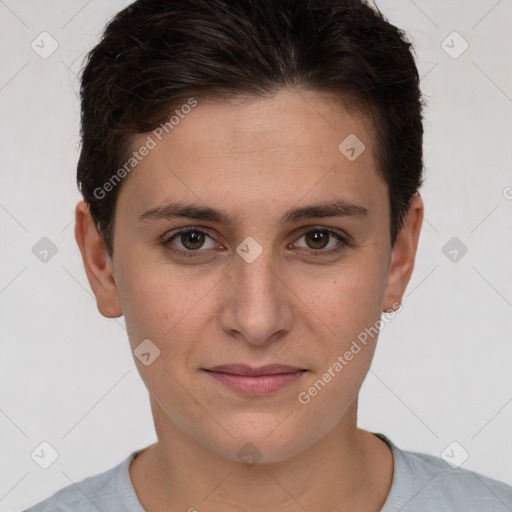 Joyful white young-adult female with short  brown hair and brown eyes