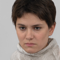 Neutral white young-adult female with short  brown hair and brown eyes