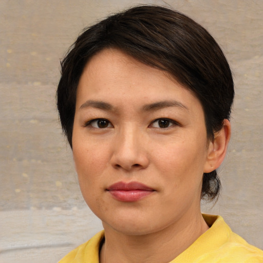 Neutral asian young-adult female with short  brown hair and brown eyes