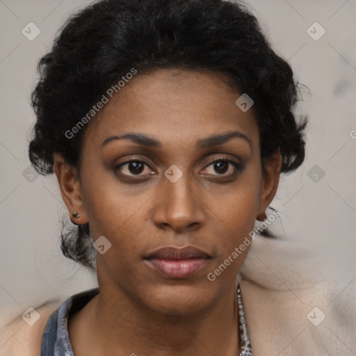 Neutral black young-adult female with short  black hair and brown eyes