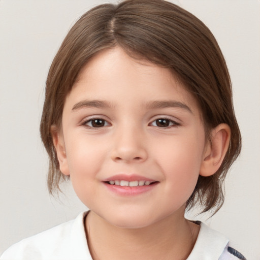 Joyful white child female with medium  brown hair and brown eyes