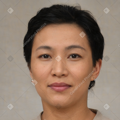 Joyful latino young-adult female with short  brown hair and brown eyes