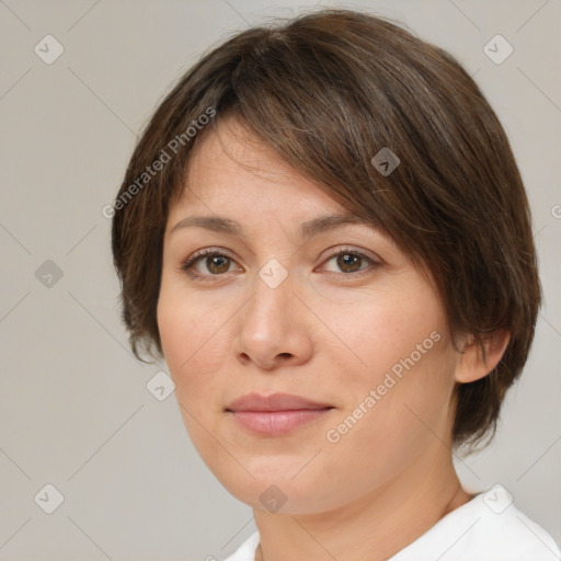 Neutral white young-adult female with medium  brown hair and brown eyes