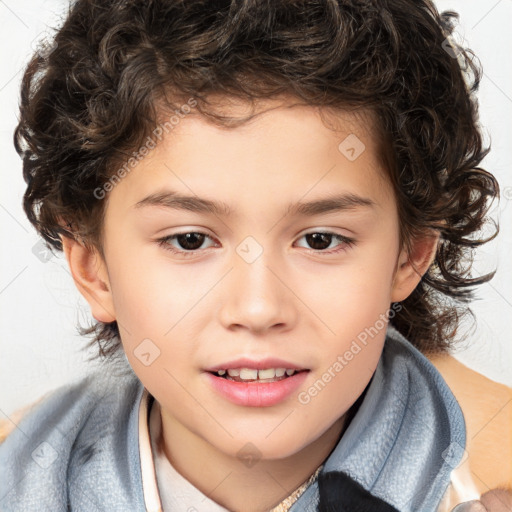 Joyful white child male with medium  brown hair and brown eyes