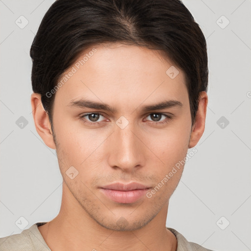 Neutral white young-adult male with short  brown hair and brown eyes