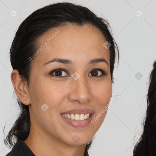 Joyful white young-adult female with long  brown hair and brown eyes