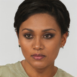 Neutral black young-adult female with short  black hair and brown eyes