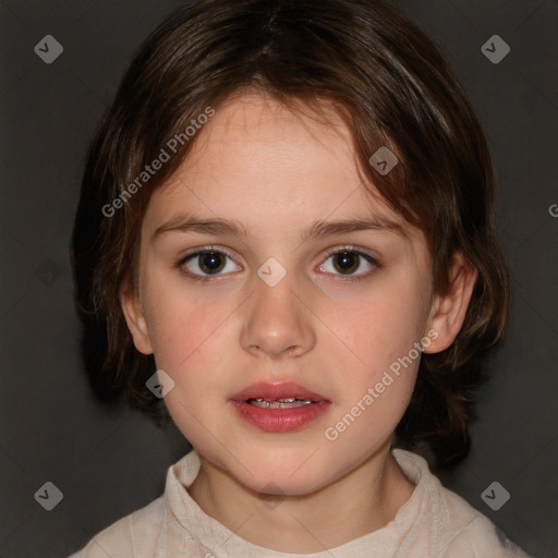 Neutral white child female with medium  brown hair and blue eyes