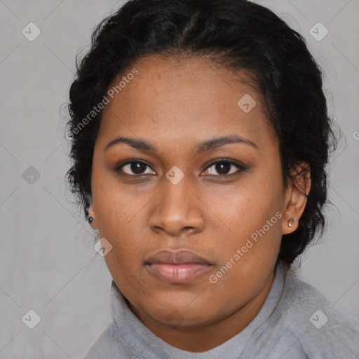 Neutral black young-adult female with short  black hair and brown eyes