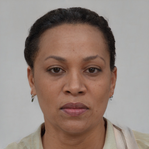 Joyful black adult female with short  brown hair and brown eyes