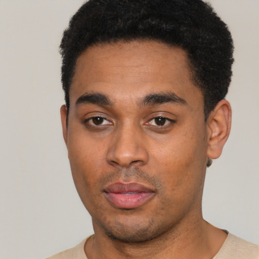 Joyful black young-adult male with short  black hair and brown eyes