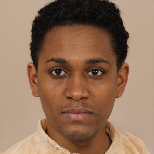 Neutral black young-adult male with short  black hair and brown eyes