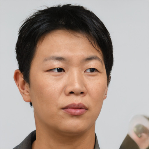 Neutral asian adult female with short  brown hair and brown eyes