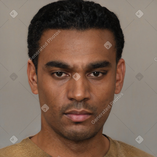 Neutral latino young-adult male with short  black hair and brown eyes