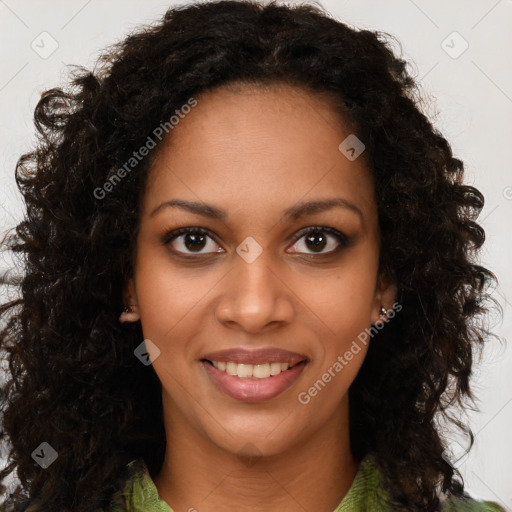 Joyful black young-adult female with medium  brown hair and brown eyes