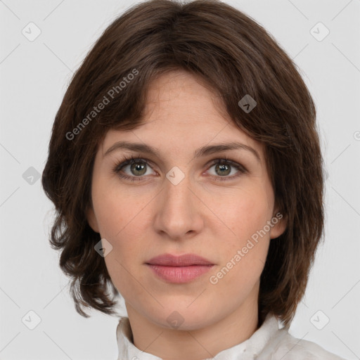 Joyful white young-adult female with medium  brown hair and green eyes