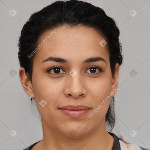 Joyful latino young-adult female with short  brown hair and brown eyes