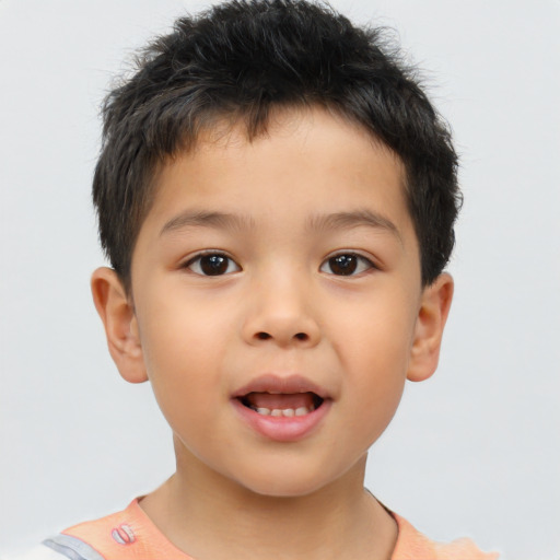 Joyful asian child male with short  brown hair and brown eyes