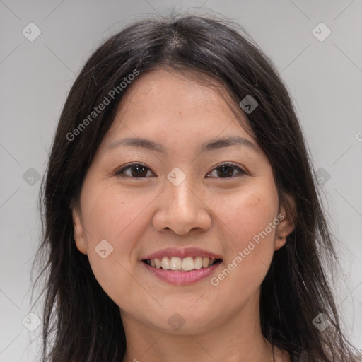 Joyful white young-adult female with medium  brown hair and brown eyes