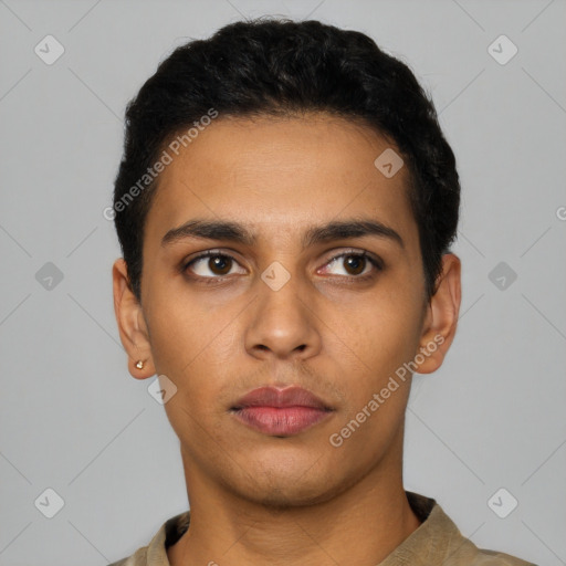 Neutral latino young-adult male with short  black hair and brown eyes