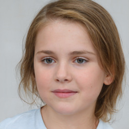 Neutral white child female with medium  brown hair and blue eyes