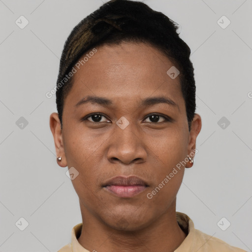 Joyful black young-adult female with short  black hair and brown eyes