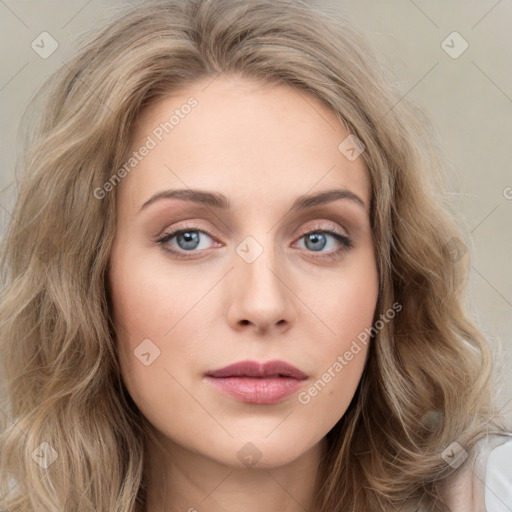 Joyful white young-adult female with long  brown hair and green eyes