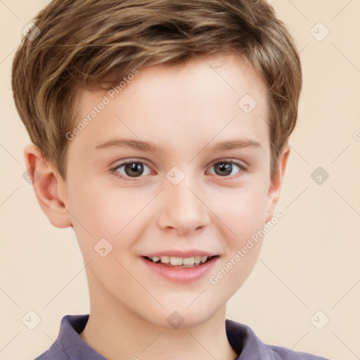 Joyful white child male with short  brown hair and brown eyes