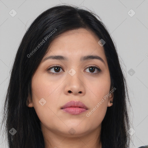 Neutral asian young-adult female with long  brown hair and brown eyes