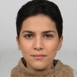 Neutral white young-adult female with short  brown hair and brown eyes