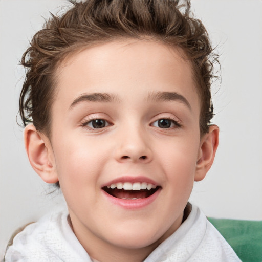 Joyful white child female with short  brown hair and brown eyes