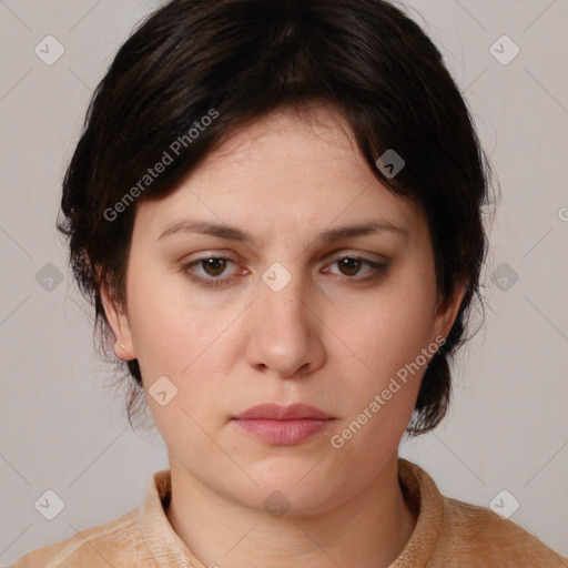 Neutral white young-adult female with medium  brown hair and brown eyes