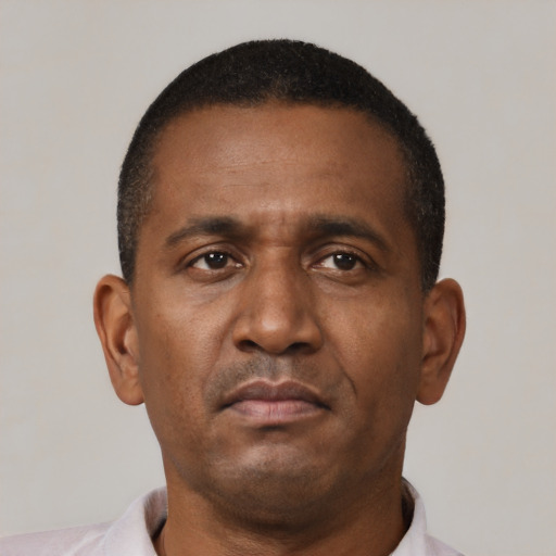 Neutral latino adult male with short  black hair and brown eyes