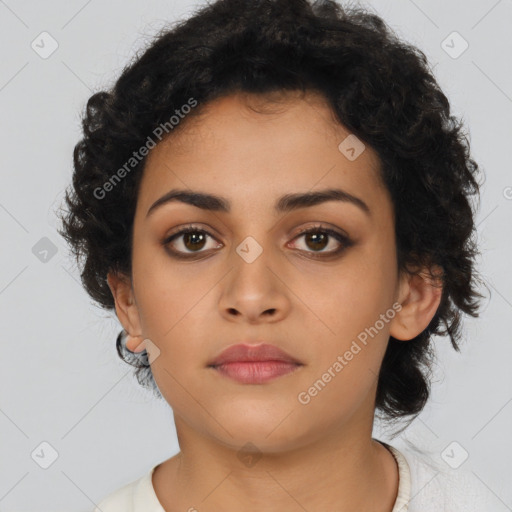 Neutral latino young-adult female with short  brown hair and brown eyes