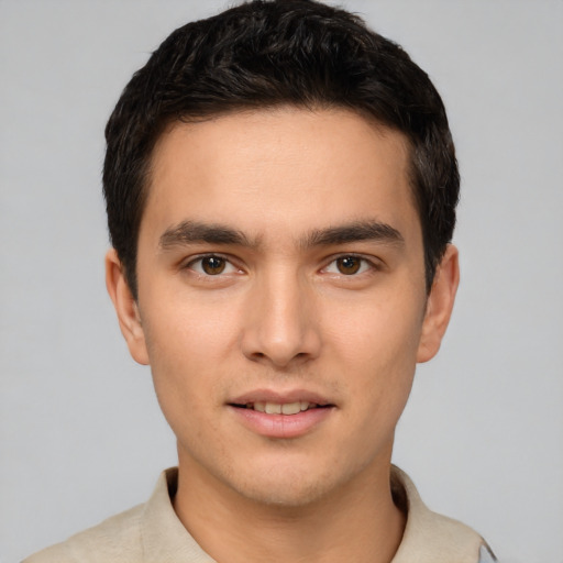 Neutral white young-adult male with short  black hair and brown eyes