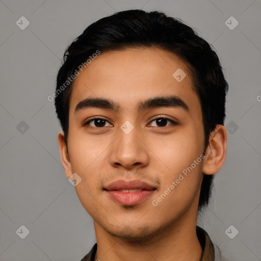 Joyful latino young-adult male with short  black hair and brown eyes